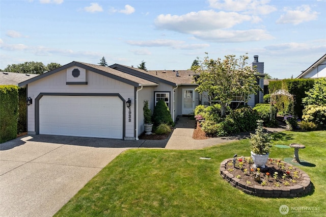 1933 Windflower Ln SE, Lacey, WA 98503 - ranch-style house featuring a garage, driveway, a front lawn, and a chimney