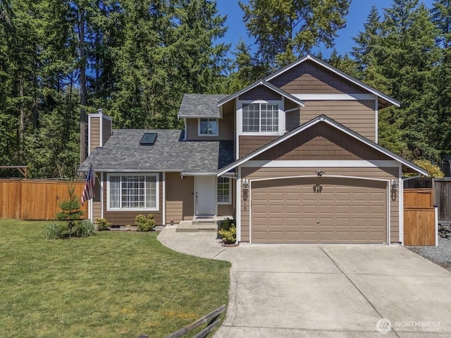 4715 247th St E, Graham, WA 98338 - view of front of house featuring driveway, an attached garage, a chimney, and roof with shingles