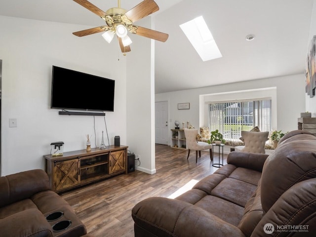 4715 247th St E, Graham, WA 98338 - living area with a skylight, high vaulted ceiling, ceiling fan, and wood finished floors