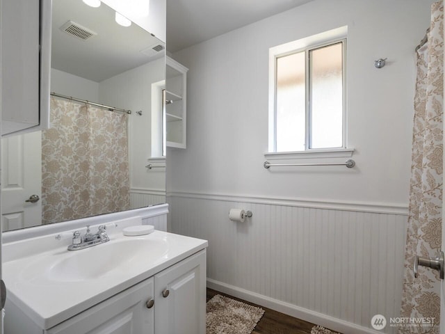 4715 247th St E, Graham, WA 98338 - full bathroom with wainscoting, vanity, and wood finished floors