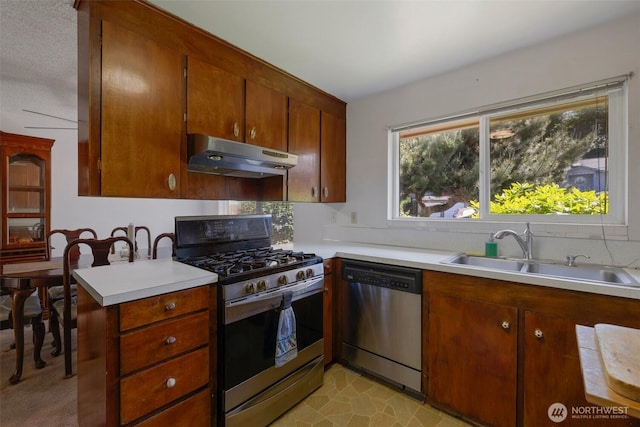 6201 47th Ave S, Seattle, WA 98118 - kitchen with stainless steel appliances, under cabinet range hood, a sink, and light countertops