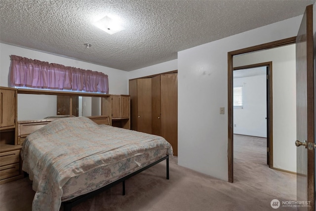 6201 47th Ave S, Seattle, WA 98118 - bedroom featuring a closet, a textured ceiling, and light colored carpet