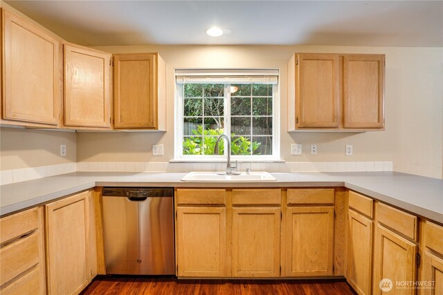 10513 SE 250th Pl Unit F-106, Kent, WA 98031 - kitchen with stainless steel dishwasher, light brown cabinets, recessed lighting, light countertops, and dark wood-type flooring