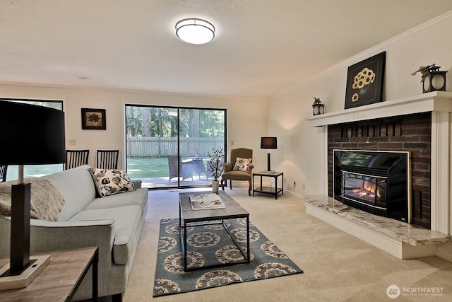 311 Edgecliff Dr, Langley, WA 98260 - carpeted living area featuring ornamental molding and a fireplace