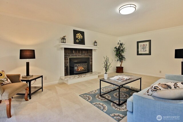 311 Edgecliff Dr, Langley, WA 98260 - carpeted living room featuring crown molding, a brick fireplace, and baseboards