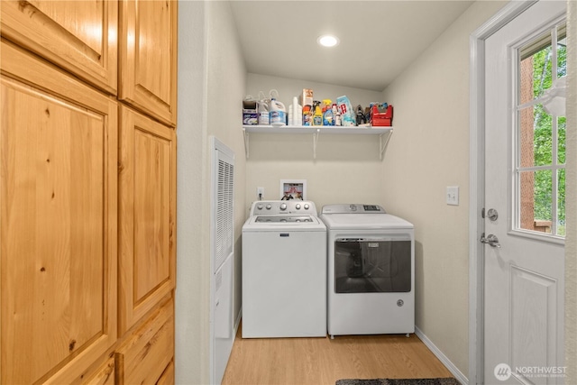 132 River Park Rd, Forks, WA 98331 - washroom featuring separate washer and dryer, light wood-style floors, recessed lighting, and baseboards