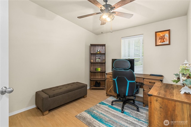 132 River Park Rd, Forks, WA 98331 - office space with light wood-style flooring, baseboards, a ceiling fan, and vaulted ceiling