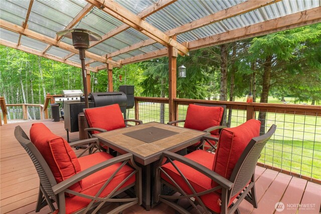132 River Park Rd, Forks, WA 98331 - deck featuring outdoor dining area, a pergola, and a grill