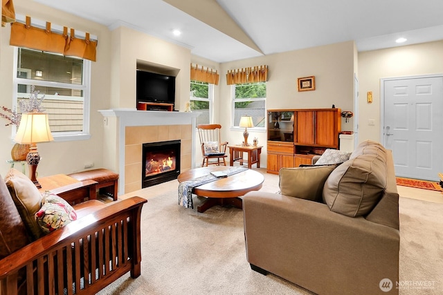 1500 S 18th St Unit F202, Renton, WA 98055 - carpeted living area with a tile fireplace and recessed lighting