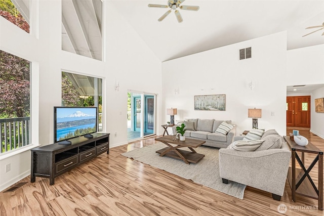 8471 E Caraway Rd, Port Orchard, WA 98366 - living room with a ceiling fan, high vaulted ceiling, wood finished floors, and baseboards