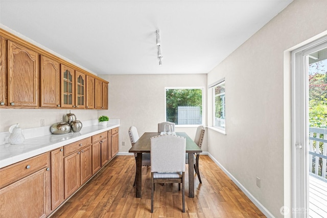 8471 E Caraway Rd, Port Orchard, WA 98366 - dining room featuring light wood-style floors, track lighting, and baseboards