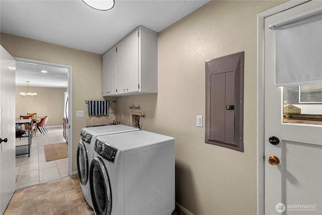 1011 Idaho St, Wenatchee, WA 98801 - laundry area featuring cabinet space, electric panel, independent washer and dryer, a chandelier, and baseboards
