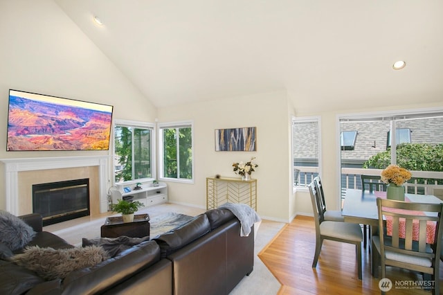 4754 SW 314th Pl, Federal Way, WA 98023 - living room featuring wood finished floors, a high end fireplace, baseboards, recessed lighting, and high vaulted ceiling