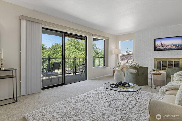 2858 32nd Ave W Unit 302, Seattle, WA 98199 - carpeted living area featuring a fireplace and baseboards