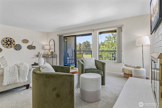 2858 32nd Ave W Unit 302, Seattle, WA 98199 - living area with carpet flooring, a glass covered fireplace, and baseboards