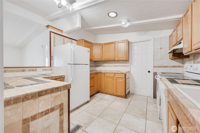 19920 67th Ave NE Unit 40, Arlington, WA 98223 - kitchen with white appliances, under cabinet range hood, backsplash, a textured ceiling, and light brown cabinetry