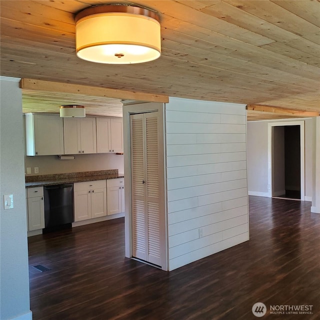 14518 Kapowsin Hwy E, Graham, WA 98338 - kitchen featuring dishwasher, dark wood finished floors, dark countertops, wood ceiling, and white cabinetry