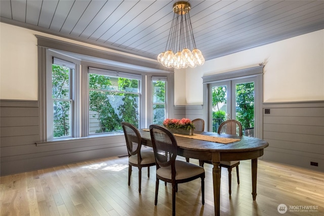 366 S Palouse St, Walla Walla, WA 99362 - dining space with a wainscoted wall, light wood-type flooring, a chandelier, wooden walls, and wooden ceiling
