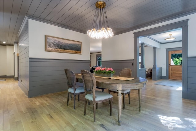 366 S Palouse St, Walla Walla, WA 99362 - dining room featuring ornamental molding, light wood finished floors, a chandelier, a wainscoted wall, and wooden ceiling