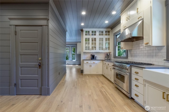366 S Palouse St, Walla Walla, WA 99362 - kitchen featuring high end stainless steel range, under cabinet range hood, healthy amount of natural light, wooden ceiling, and dark countertops