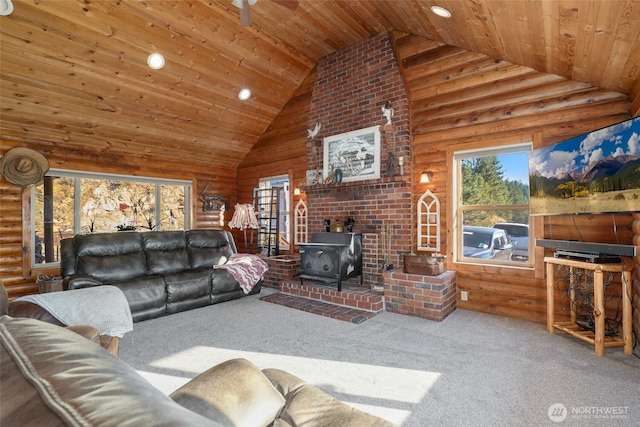 1214A Pine Creek Rd, Tonasket, WA 98855 - carpeted living area with a wood stove, wood ceiling, high vaulted ceiling, log walls, and recessed lighting