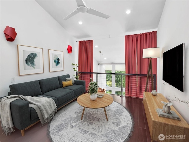 13893 NE 69th St Unit 689, Redmond, WA 98052 - living room featuring ceiling fan, recessed lighting, wood finished floors, and lofted ceiling
