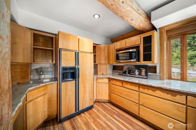 3105 Tamarack Pl, Wenatchee, WA 98801 - kitchen with paneled built in fridge, open shelves, stainless steel microwave, light wood finished floors, and decorative backsplash