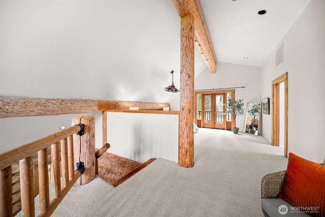 3105 Tamarack Pl, Wenatchee, WA 98801 - hallway featuring an upstairs landing, carpet floors, and french doors