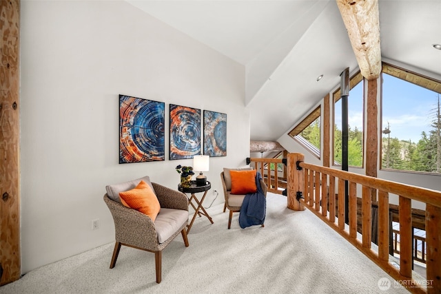 3105 Tamarack Pl, Wenatchee, WA 98801 - sitting room with carpet flooring, vaulted ceiling, and an upstairs landing