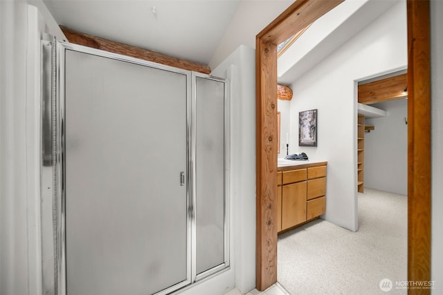 3105 Tamarack Pl, Wenatchee, WA 98801 - bathroom with a shower stall, vanity, and a spacious closet