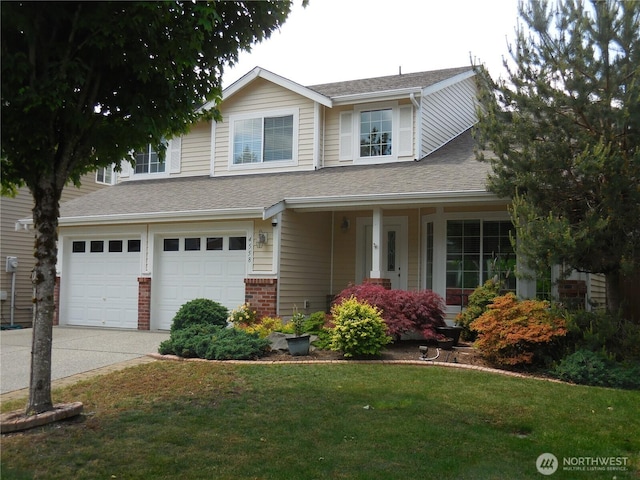 4558 SE Bakken Ct, Port Orchard, WA 98366 - traditional home with driveway, a front lawn, covered porch, a garage, and roof with shingles