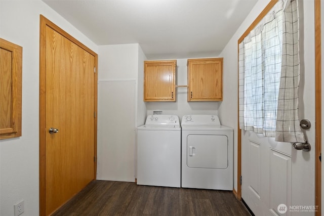 324 Mojave Ct, West Richland, WA 99353 - laundry room featuring cabinet space, washer and dryer, and dark wood finished floors