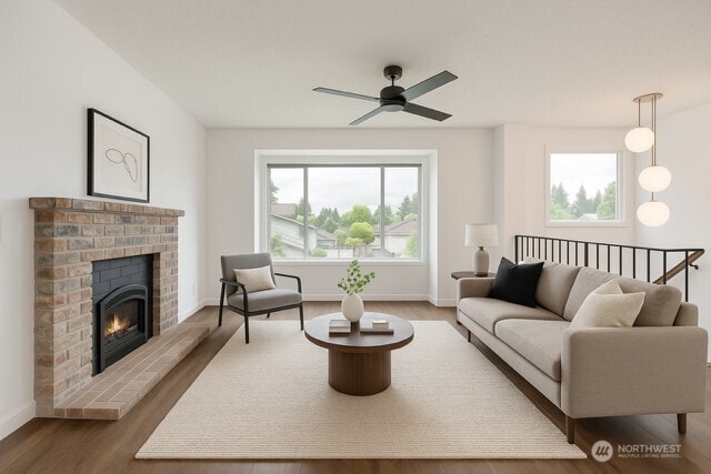 35432 18th Ave SW, Federal Way, WA 98023 - living area featuring wood finished floors, ceiling fan, and a fireplace