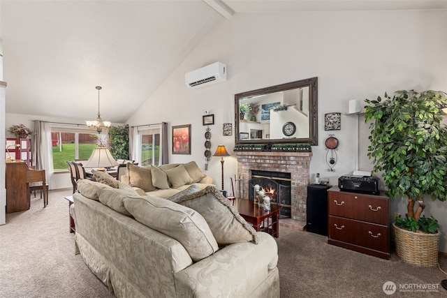 9646 Plaza Ct SE, Olympia, WA 98513 - carpeted living area featuring a wall unit AC, high vaulted ceiling, a fireplace, beam ceiling, and a chandelier