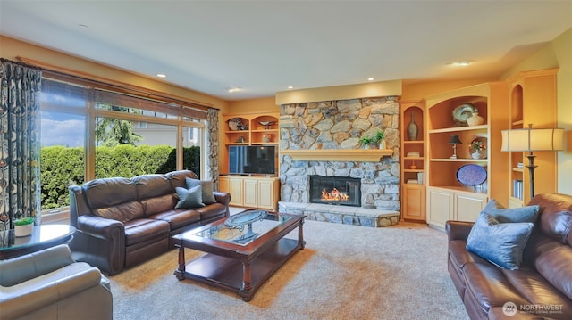 8504 146th Pl SE, Newcastle, WA 98059 - living room with a fireplace, carpet floors, and recessed lighting