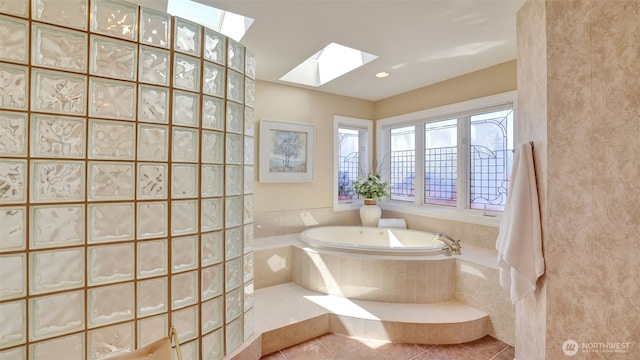 8504 146th Pl SE, Newcastle, WA 98059 - full bathroom featuring a garden tub, a skylight, and tile patterned flooring