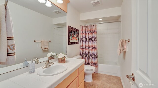 8504 146th Pl SE, Newcastle, WA 98059 - bathroom featuring vanity, toilet, shower / bathtub combination with curtain, and tile patterned floors