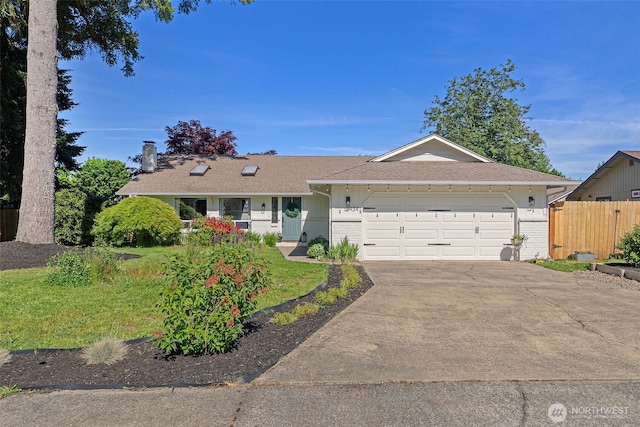 4434 Juli Ct SE, Olympia, WA 98501 - ranch-style home featuring a garage, concrete driveway, brick siding, a chimney, and roof with shingles