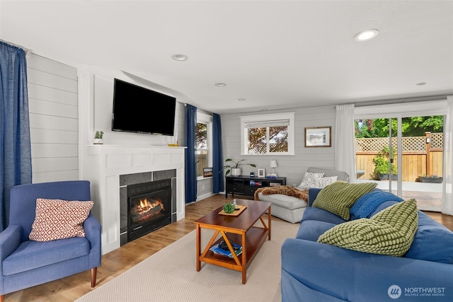 4434 Juli Ct SE, Olympia, WA 98501 - living area featuring wood finished floors, a glass covered fireplace, recessed lighting, and wood walls