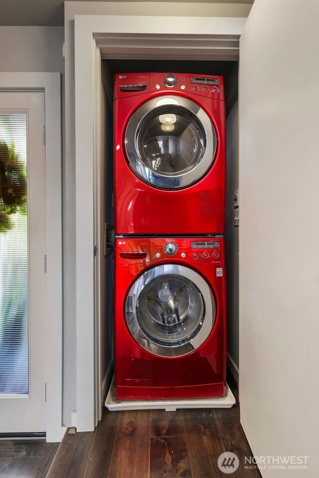3617 1st Ave NW Unit C, Seattle, WA 98107 - laundry area with estacked washer and dryer and wood finished floors