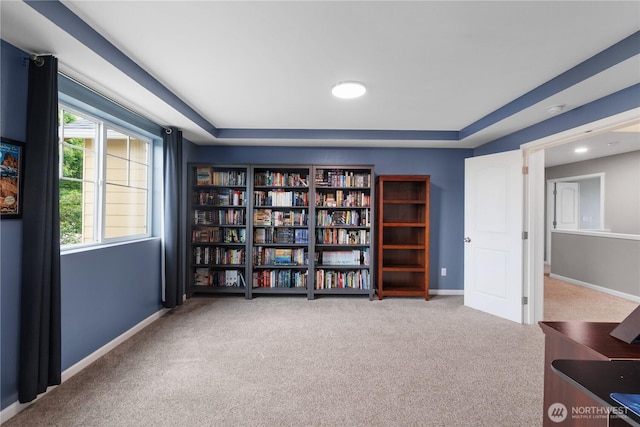6858 Flute St SE, Lacey, WA 98513 - living area with carpet, baseboards, and a raised ceiling