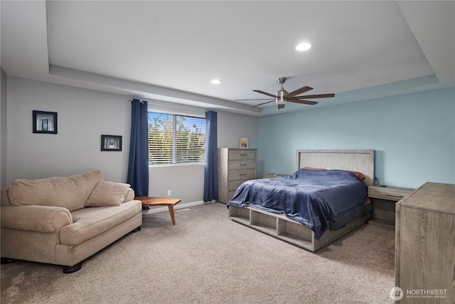 6858 Flute St SE, Lacey, WA 98513 - bedroom with carpet flooring, a tray ceiling, baseboards, recessed lighting, and ceiling fan