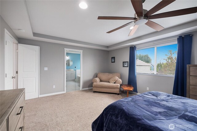 6858 Flute St SE, Lacey, WA 98513 - bedroom featuring a raised ceiling, baseboards, carpet, recessed lighting, and connected bathroom