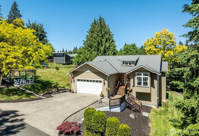 226 Alnus Way, Bremerton, WA 98310 - view of front facade with concrete driveway, an attached garage, a front lawn, and stairway