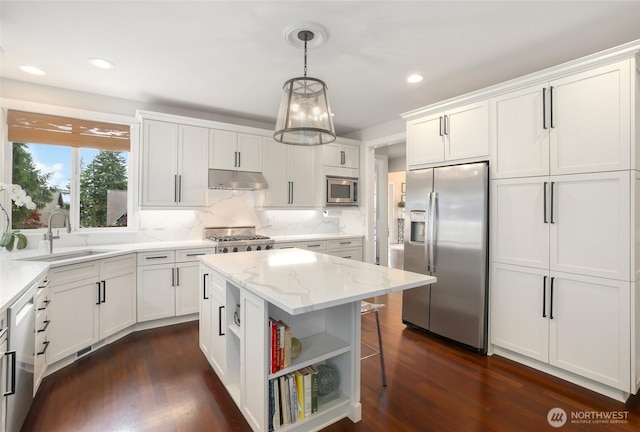 2418 83rd St NW, Gig Harbor, WA 98332 - kitchen with stainless steel appliances, under cabinet range hood, white cabinetry, light stone counters, and a sink