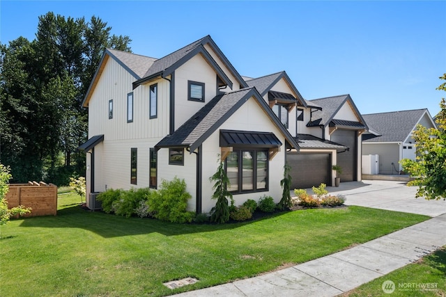 2140 Lagerwey Cir, Lynden, WA 98264 - modern inspired farmhouse with driveway, roof with shingles, a front lawn, and a standing seam roof