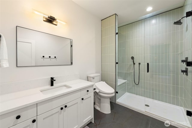 2140 Lagerwey Cir, Lynden, WA 98264 - full bath with vanity, a shower stall, tile patterned floors, and recessed lighting