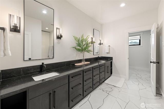 2140 Lagerwey Cir, Lynden, WA 98264 - bathroom featuring marble finish floors, double vanity, and recessed lighting
