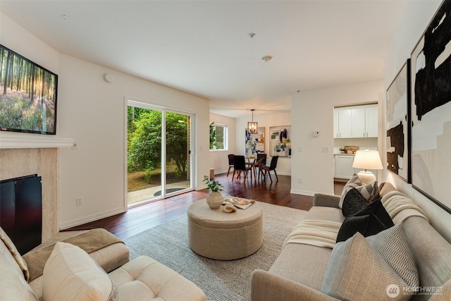 14251 73rd Ave NE Unit A101, Kirkland, WA 98034 - living area with dark wood-style floors and a fireplace