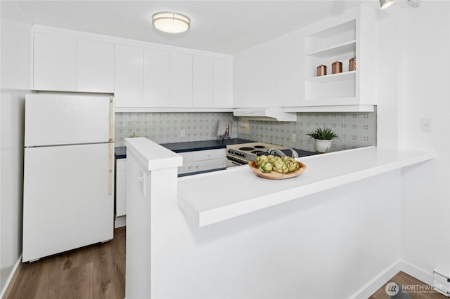 505 Belmont Ave E Unit 704, Seattle, WA 98102 - kitchen with white appliances, under cabinet range hood, dark wood-style flooring, white cabinets, and decorative backsplash